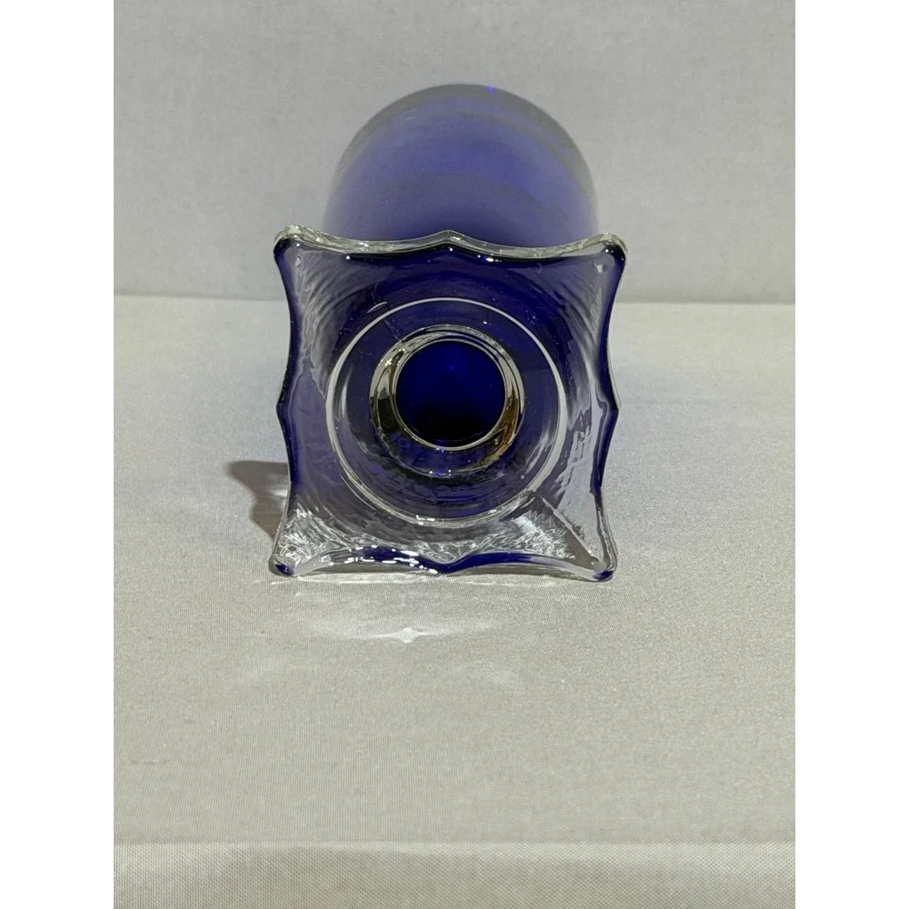 Vintage‎ Cobalt Blue Glass Bud Vase with Clear Scalloped Square Pedestal Base